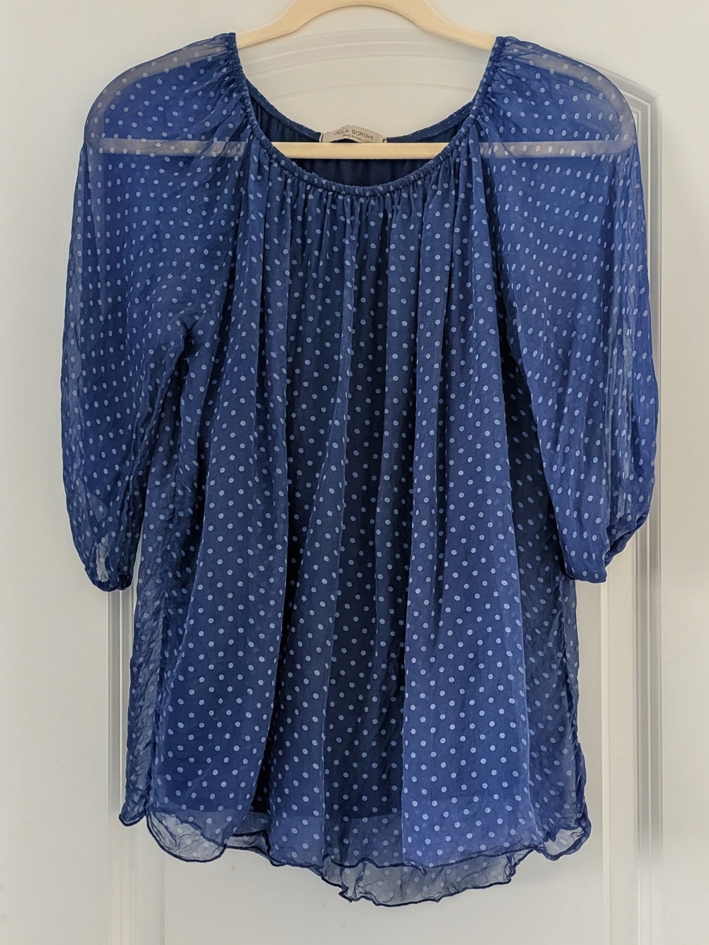 Viola Borghi Women’s Blue Polka Dot Sheer Blouse, Off The Shoulder, Italian silk